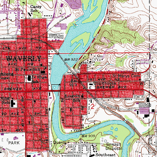 Topographic Map of Waverly, IA
