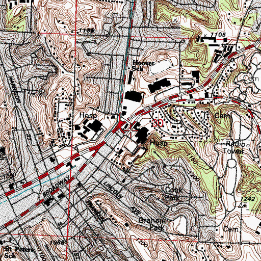 Topographic Map of Jennie Edmundson Memorial Hospital, IA