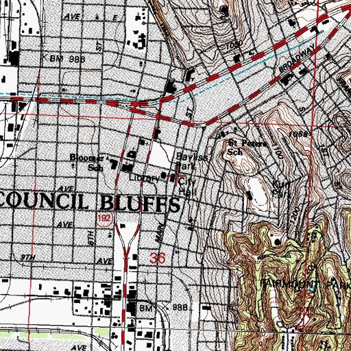 Topographic Map of Council Bluffs Community Hall, IA