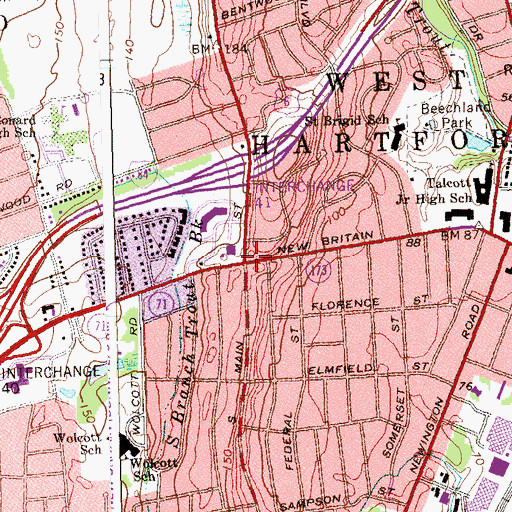 Topographic Map of Elmwood Hill, CT