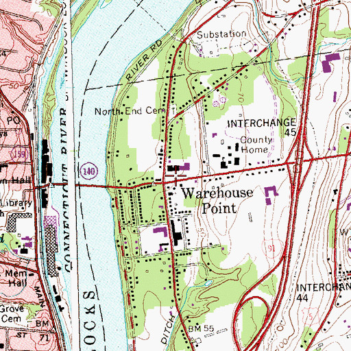 Topographic Map of Warehouse Point Post Office, CT