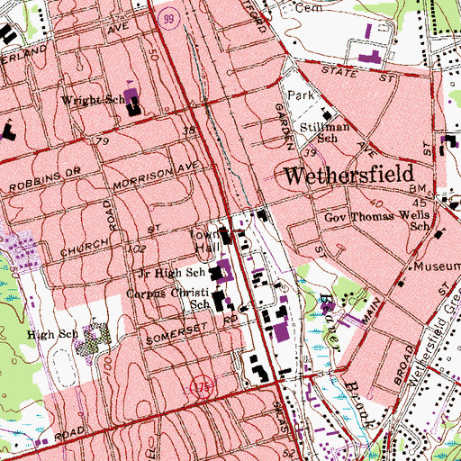 Topographic Map of Wethersfield Public Library, CT