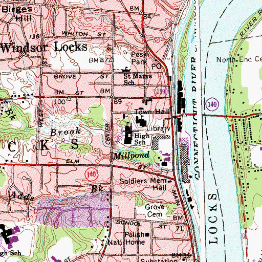 Topographic Map of Windsor Locks Middle School, CT