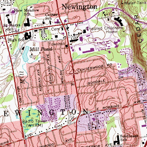 Topographic Map of Newington Volunteer Fire Department Company 1 Headquarters, CT