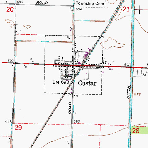 Topographic Map of Custar Post Office, OH