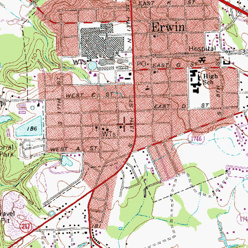 Topographic Map of Erwin Church of God, NC