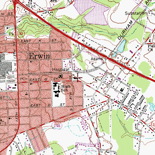 Topographic Map of Erwin United Methodist Church, NC