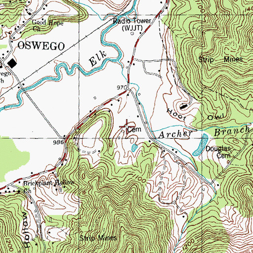 Topographic Map of Perkins-Archer Cemetery, TN