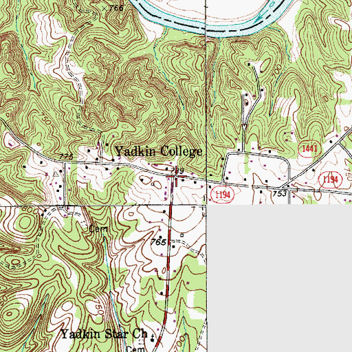 Topographic Map of Yadkin College Historic District, NC