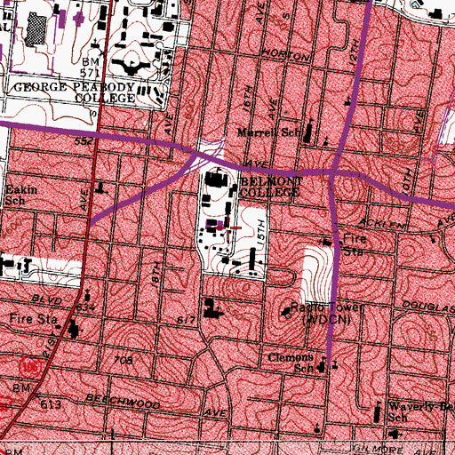Topographic Map of Belmont Little Theatre, TN