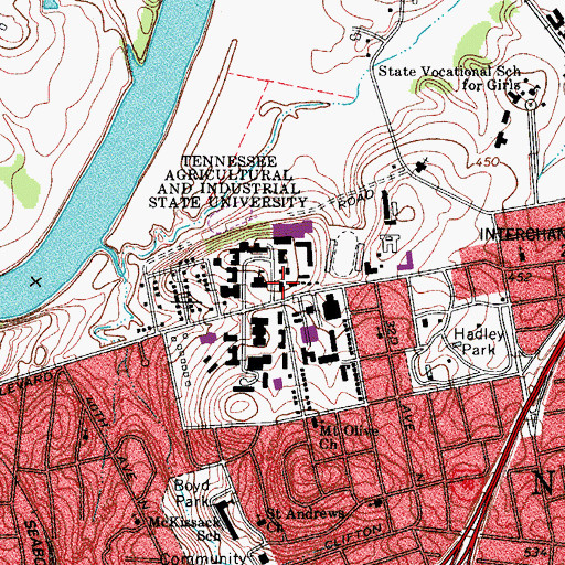 Topographic Map of Perry L Harned Hall of Science, TN
