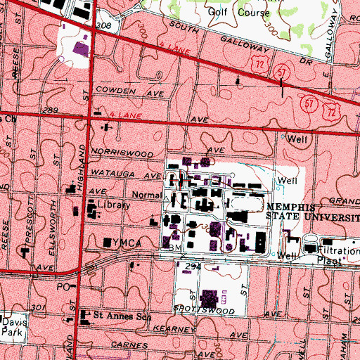 Topographic Map of Rawls Hall, TN