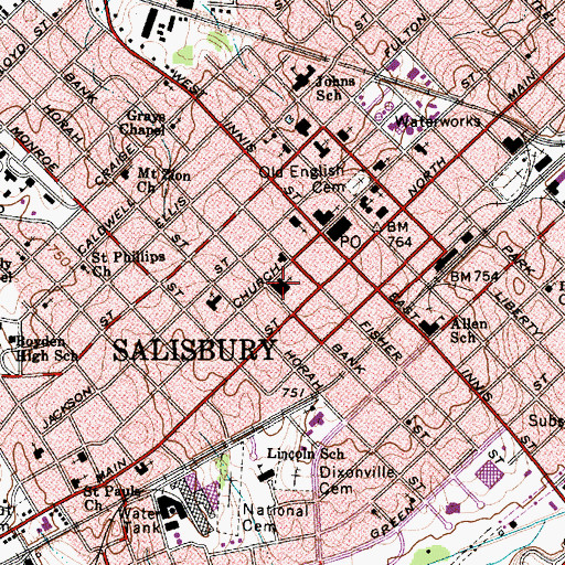 Topographic Map of First Methodist Church, NC
