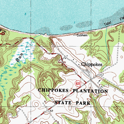 Topographic Map of Chippokes Farm and Forestry Museum, VA