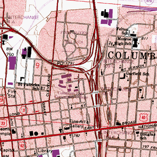 Topographic Map of Columbus Hall, OH
