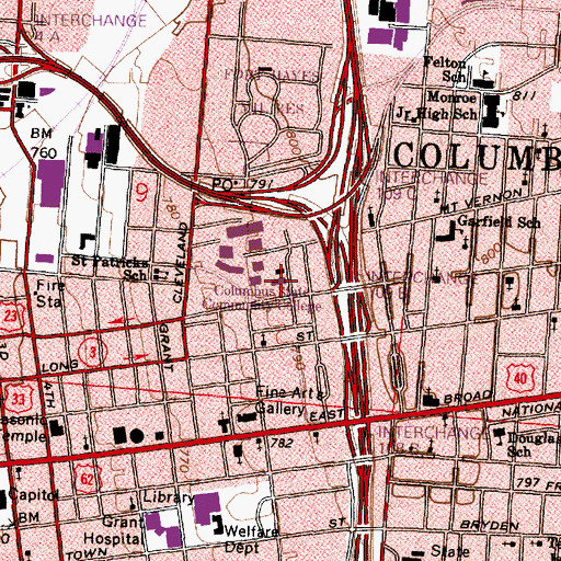 Topographic Map of Rhodes Hall, OH
