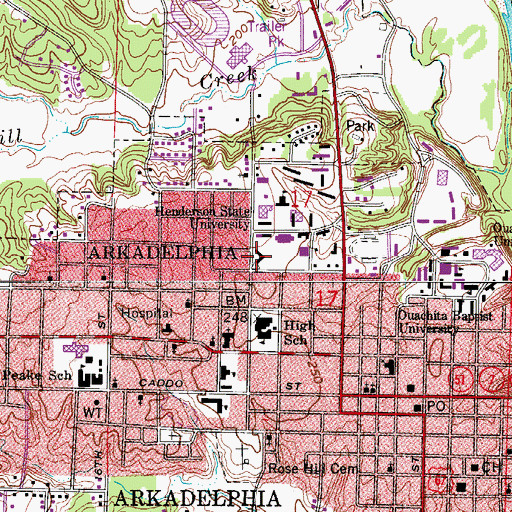Topographic Map of Arkansas Hall, AR
