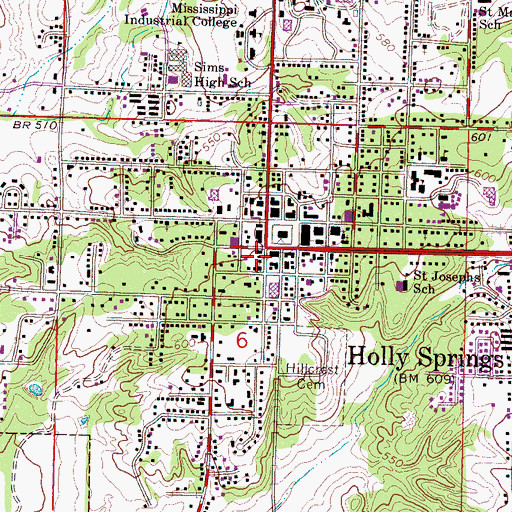 Topographic Map of Holly Springs City Hall, MS