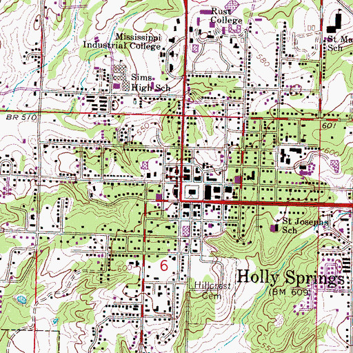 Topographic Map of Holly Springs Post Office, MS