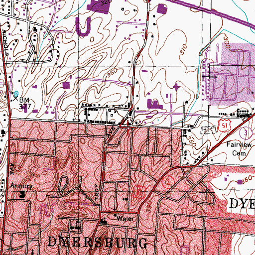 Topographic Map of Dyersburg Fire Department Station 2, TN