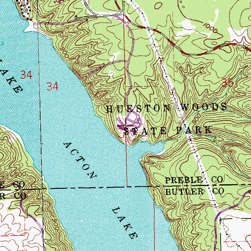 Topographic Map of Hueston Woods Lodge, OH