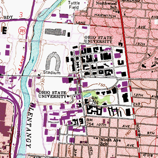 Topographic Map of Townshend Hall, OH
