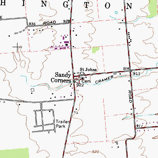 Topographic Map of Sandy Corners Cemetery, OH