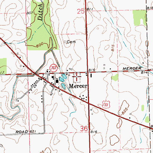 Topographic Map of Mercer Cemetery, OH