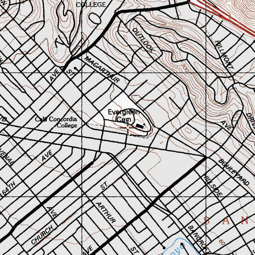 Topographic Map of Evergreen Mausoleum, CA