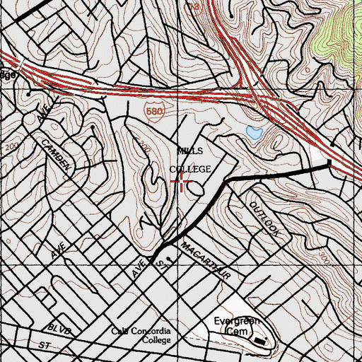 Topographic Map of Mills Hall, CA