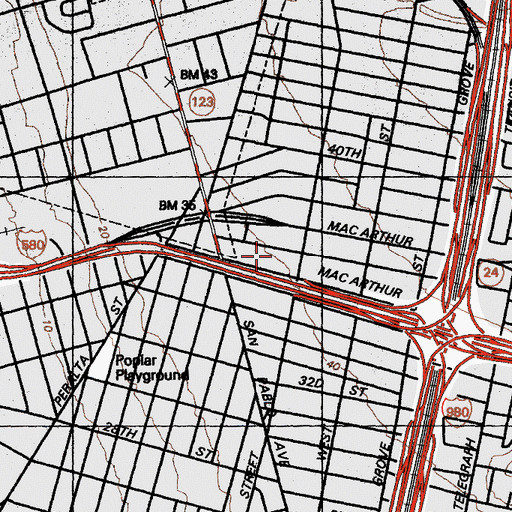 Topographic Map of Thirtyseventh Street Baptist Church, CA