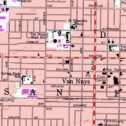 Topographic Map of First Presbyterian Church of Van Nuys, CA