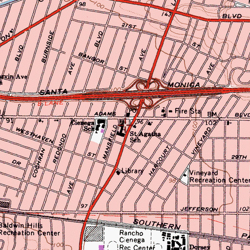 Topographic Map of West Adams Foursquare Church, CA