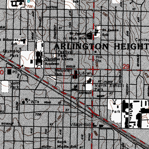 Topographic Map of Arlington Heights Memorial Public Library, IL