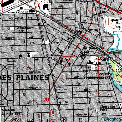 Topographic Map of Des Plaines Public Library, IL