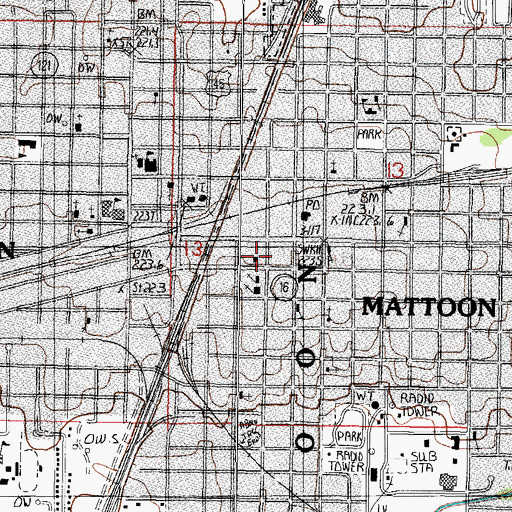 Topographic Map of Mattoon Public Library, IL