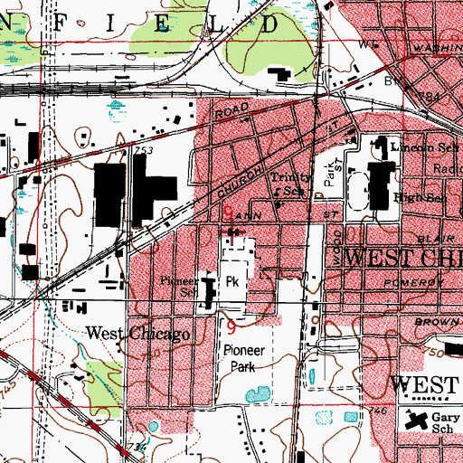 Topographic Map of First Baptist Church of West Chicago, IL