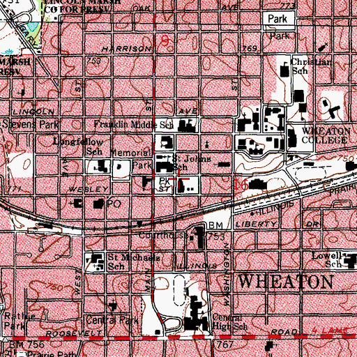 Topographic Map of Wheaton Public Library, IL