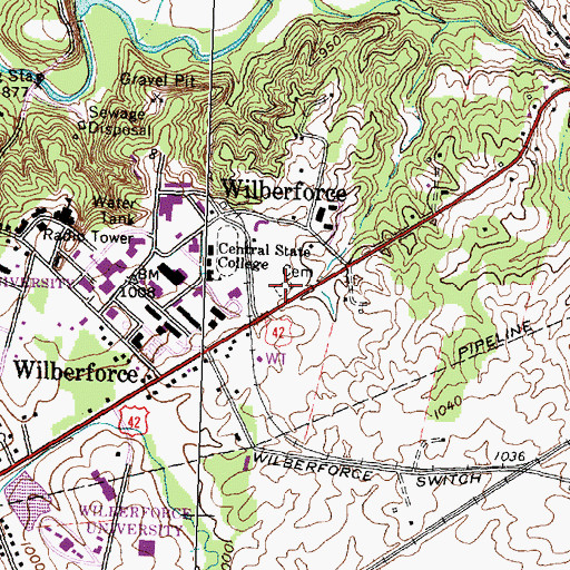 Topographic Map of Wilberforce Cemetery, OH