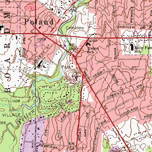 Topographic Map of Poland Village Cemetery, OH