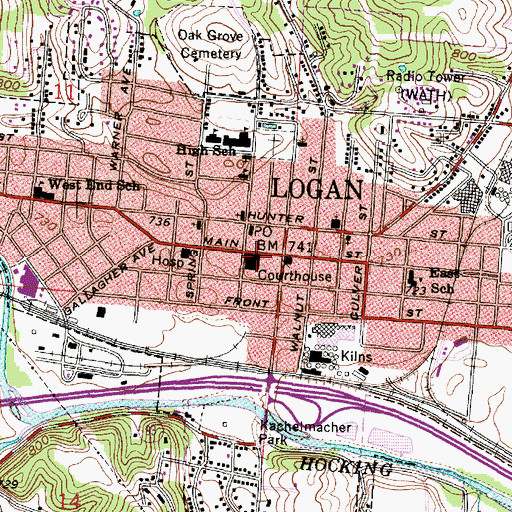 Topographic Map of Hocking County Law Library, OH