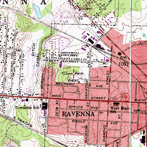Topographic Map of Ravenna City Park of Dreams, OH