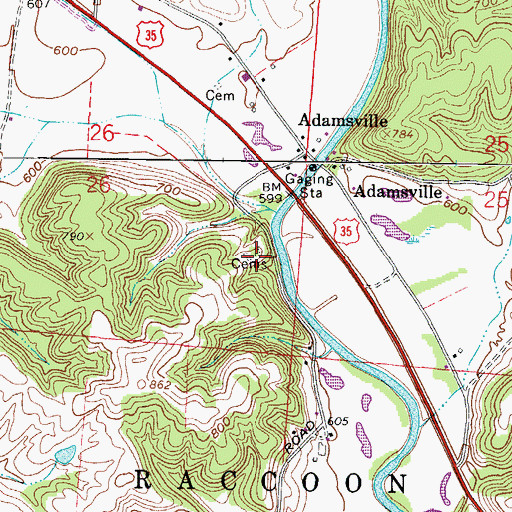 Topographic Map of Adamsville Cemetery, OH