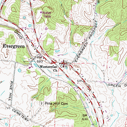 Topographic Map of Evergreen Cemetery, OH