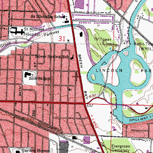 Topographic Map of Lincoln Park Evangelical Lutheran Church, WI