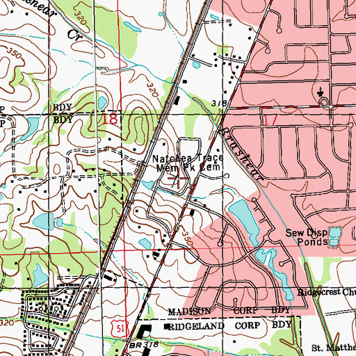 Topographic Map of Natchez Trace Memorial Park Cemetery, MS