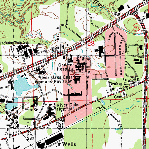 Topographic Map of River Oaks East Womans Pavillion, MS