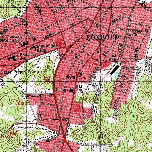 Topographic Map of Roxboro Post Office, NC
