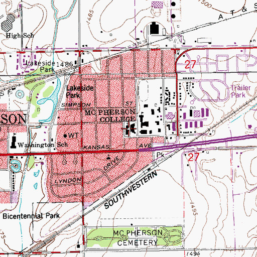 Topographic Map of McPherson College Dotzour Residence Hall, KS