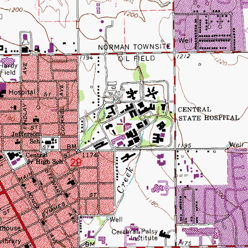 Topographic Map of Griffin Memorial Hospital, OK